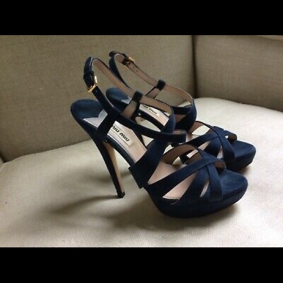 Miu Miu Sandals Blue Suede Platform Strappy Heels